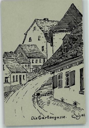 Schleiz Die Gartenstraße sign. S. Schunke Serie Malerische Winkel in Schleiz Nr. 5