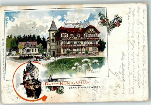 Königsfeld 1900 Schwarzwälderin Tracht Hotel-Kurhaus Doniswald Postkutsche sign. K. Fuchs Künsterkarte