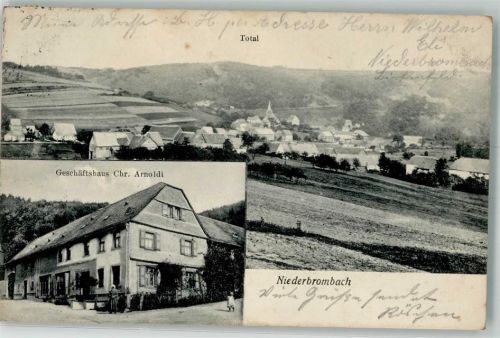55767 W6581 Niederbrombach - Geschäftshaus Arnoldt Bahnpost Metz-Bingerbruck
