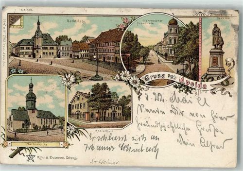 99510 O5320 Apolda 1899 Lithographie Martinskirche Marktplatz Zimmermann-Denkmal Realschule