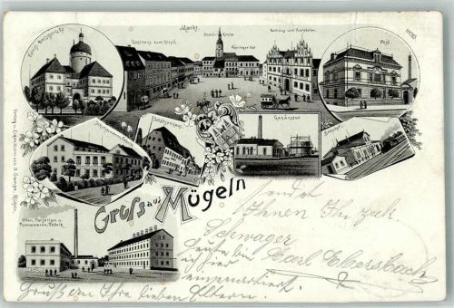 Mügeln 1903 Gasanstalt Porzellanfabrik Schuhwaren-Fabrik Kgl. Amtsgericht Post Bahnhof