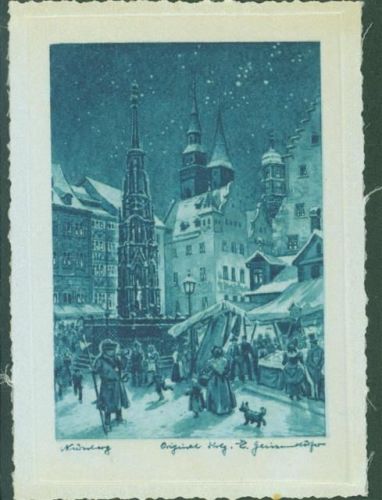 Nürnberg echt Seide bedruckt 12,5 x 9 cm Nachtwächter Weihnachten