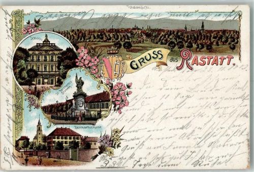 Rastatt 1903 Lithographie Schloss St. Bernhardus Brunnen