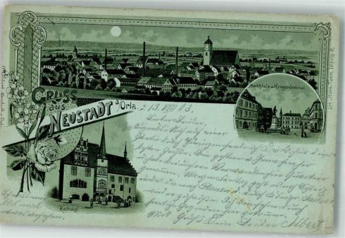 Neustadt 1903 Lithographie-Mondschein Rose Rathaus Marktplatz Kriegerdenkmal