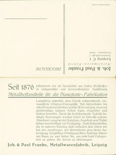 Leipzig Werbung Metallwarenfabrik Franke Pianoforte