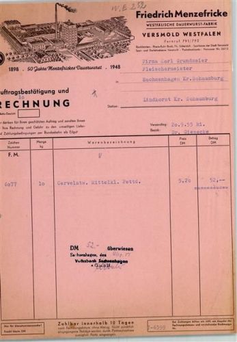 Versmold Rechnung von 1955 Friedrich Menzefricke Dauerwurstfabrik