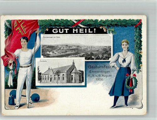 Emmendingen 1906 Lithographie Gauturnfest 1906 Turnhalle Sportler Fahnenträger
