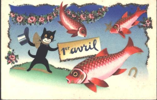 1. April-AK , Katze mit Zylinder und montierten Fischen, Glimmer