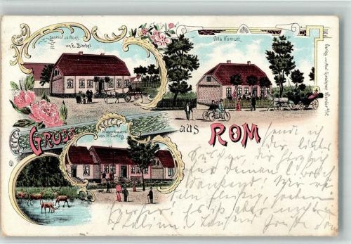 Rom 1898 GAsthaus Zu Rom E. BArtel Villa Komuth Wagenbauerei Fr. Garling Hirsch Reh Kutsche Fahrrad Lithographie