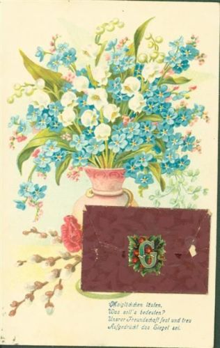 1905 Aufgeklebtes Briefkuvert mit innliegendem Brief Vergissmeinnicht Vase Palmkätzchen Lithographie