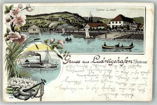 Ludwigshafen Gasthaus zum Adler Bodensee Raddampfer Ruderboot Anker Rettungsring