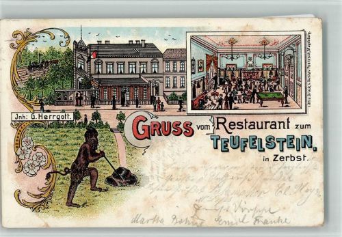 Zerbst 1901 Gasthauf Zum Teufelstein G. Herrgott Teufel Billard Lithographie