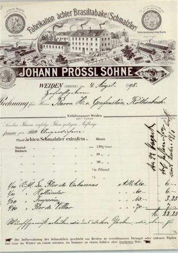 Weiden Rechnung von 1898 Johann Prössl Söhne Tabak