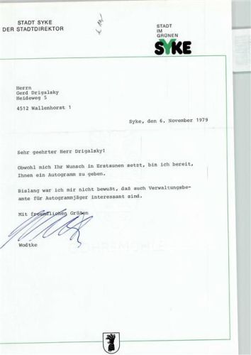 28857 W2808 Syke KEINE AK Antwortbrief der Stadt Syke von 1979