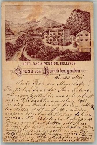 Berchtesgaden 1890 Gebrauchsspuren Scan genau beachten! Hotel Bad Pension Bellevue Lithographie