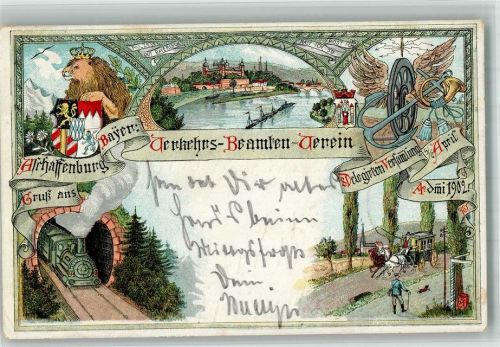 Aschaffenburg 1902 Lithographie Bayerischer Verkehrs-Beamtenverein 1902 Deligierten-Versammlung Wappen Bayer. Löwe Eisenbahn Geflügeltes Rad
