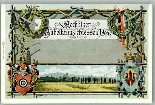 Rochlitz Lithographie Jubelkranzschiessen 1904 Wappen