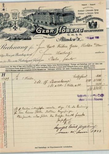Minden Rechnung von 1929 Gebr. Hoberg Fruchtsäfte