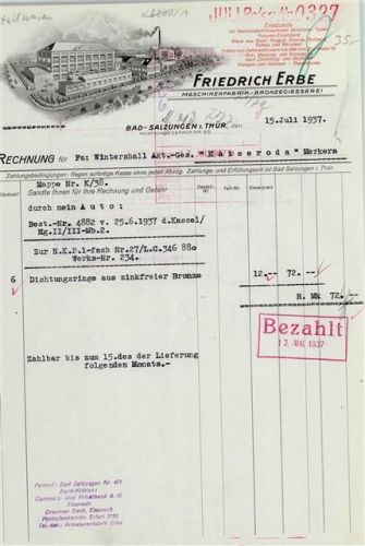 Bad Salzungen Rechnung von 1937 Friedrich Erbe Maschinenfabrik Bronzegiesserei
