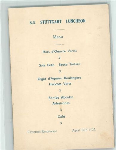 Menukarte Nordd. Lloyd Dampfer S.S. Stuttgart Luncheon April 1937