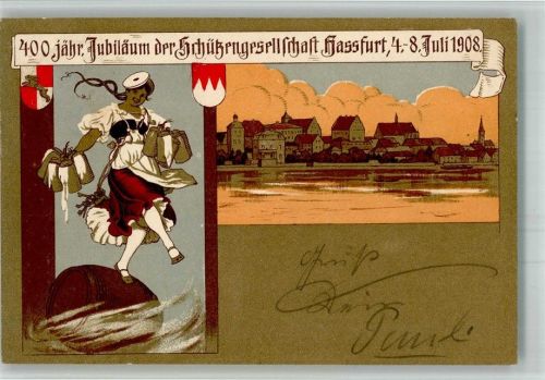 Haßfurt 1908 Lithographie 400 jähr. Jubiläum der Schützengesellschaft Hassfurt 1908 Bedienung Wappen