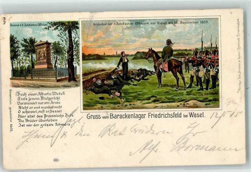 Wesel 1905 Gruss Barackenlager Denkmal Schillßschen Offiziere Heldentod 16. September 1809 Uniform Pferd Soldaten Gedicht Friedrichsfeld