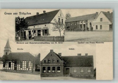 Landsberg a.d. Warthe 1907 Pollychen Geschäft Bäckerei und Materialwarenhandlung Gasthaus Kirche Schule