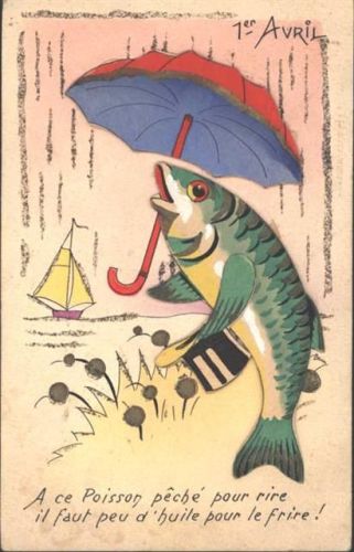 1. April-AK mit montiertem Fisch mit Schirm, Glimmer