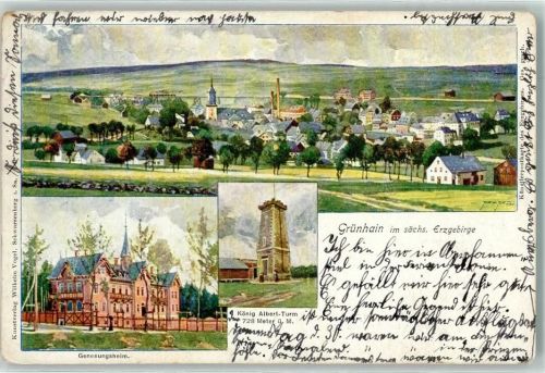 Grünhain 1908 Genesungsheim König Albert Turm Kirche Fabrik