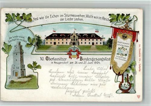 Neugersdorf 1904 Lithographie 11. Oberlausitzer Bundesgesangsfest 1904 Wimpel Aussichtsturm Lyra