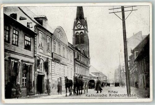 Mitau 1916 Kirche UHr Pferdewagen Katholische Kirchenstraße Feldpost S.B. Hus. Regt. 1