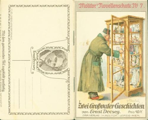 AK innenliegend Kleines Heft mit 16 Seiten sign Ferenchich Molitors Novellenschatz Nr 7 Zwei Großvater Geschichten Ernst Decsey Lyra Verlag Porzellan Geschirrschrank