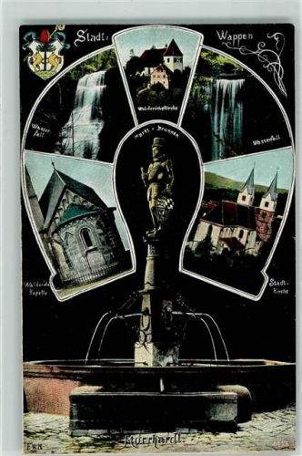 Murrhardt Markt-Brunnen Walder'sche Kapelle Stadtkirche Wasserfall Stadtwappen sign. F.W.M.