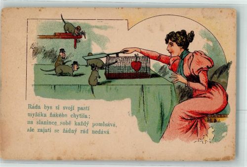 Männer als Mäuse Frau mit einer Mausefalle AK
