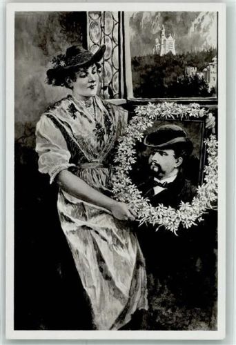 Frau in Tracht trägt ein Bild von Ludwig II - Fotokarte von Zieher, Ottmar 3814