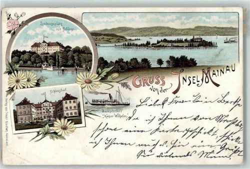 Insel Mainau 1897 Landungsplatz mit Schloss Schlosshof Dampfschiff Kaiser Wilhelm Lithographie