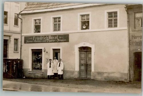 Oelsnitz Geschäft Friedrich Hösel Friseur Ort handschriftlich Privatfoto AK