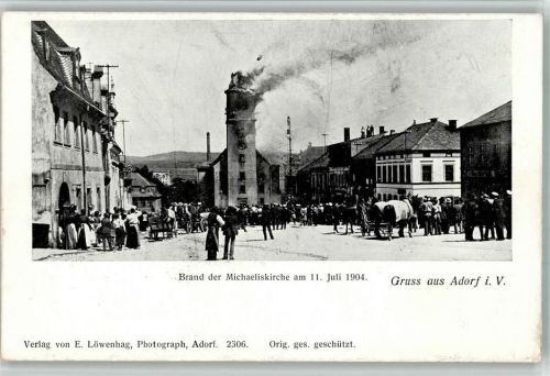 Adorf 1904 Foto AK Brand der Michaeliskirche 11. Juli 1904