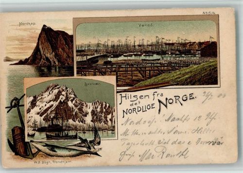 Nordkapp 1900 Hafen Fischerboot Lithographie