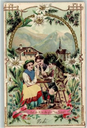 1903 mit echter Stoff Applikation - Auf der Alm , Edelweiß Liebespaar AK