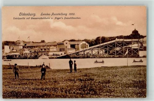 Oldenburg Landes-Ausstellung 1905 Teichpartie mit Wasserrutschbahn Hoyers Seeschlösschen