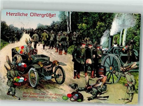 1915 WK I Ostern Osteereier Hasen als Soldaten vermenschlicht Feldküche Humor