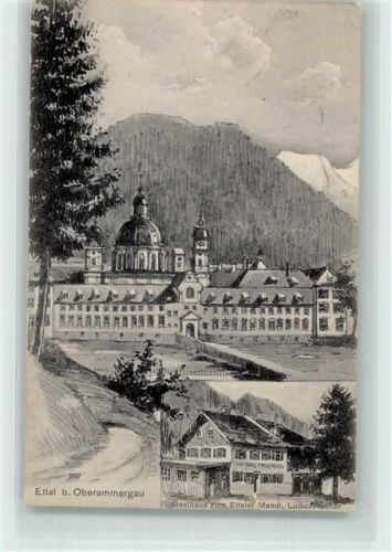 Ettal Zeichnung vom Kloster und Gasthaus zum Ettaler Mandl Künstlerkarte