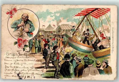 Frankfurt 1899 Volksfest Karussell Schiffsschaukel Lithographie