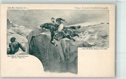 1900 Reiseerzählungen Karte Nr. 5 Roß und Reiter dtürzen in die Tiefe AK