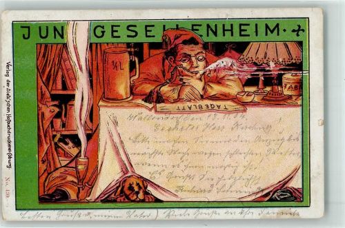 1904 Junggesellenheim Pfeife Zeitung lesen AK