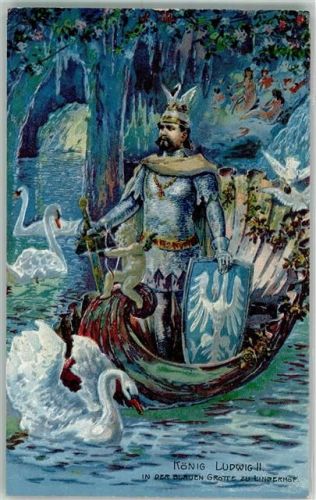 Linderhof Der König auf einem Nachen mit Armor und Schwänen in der blauen Grotte zu Linderhof