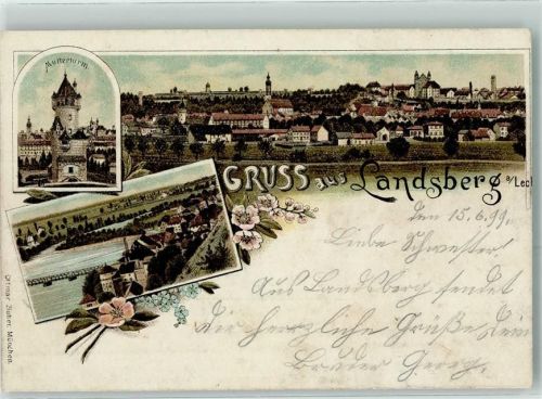 Landsberg Mutterturm Kirche Gruss Bumen Lithographie