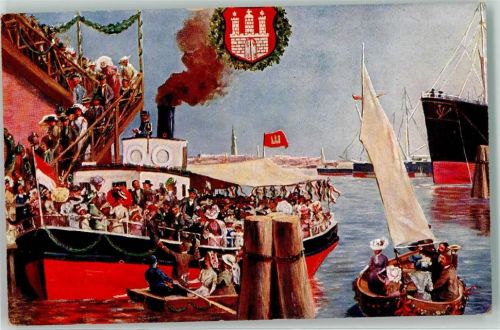 Hamburg 1909 Ansturm auf den Ausflugsdampfer an der Anlegestelle Offizielle Postkarte 16. Deutsches Bundesschiessen