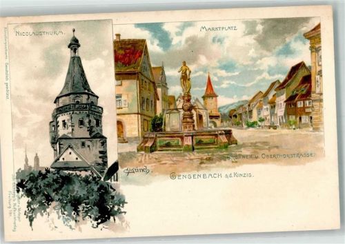 Gengenbach sign. Münch, C. Nicolausturm Marktplatz Brunnen und Obertorstraße Verlag Joh. Eichlepp